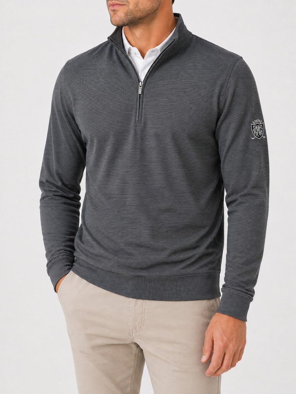 Johnnie-O Vaughn Striped PREP-FORMANCE 1/4 Zip Pullover Mens M Black Gray